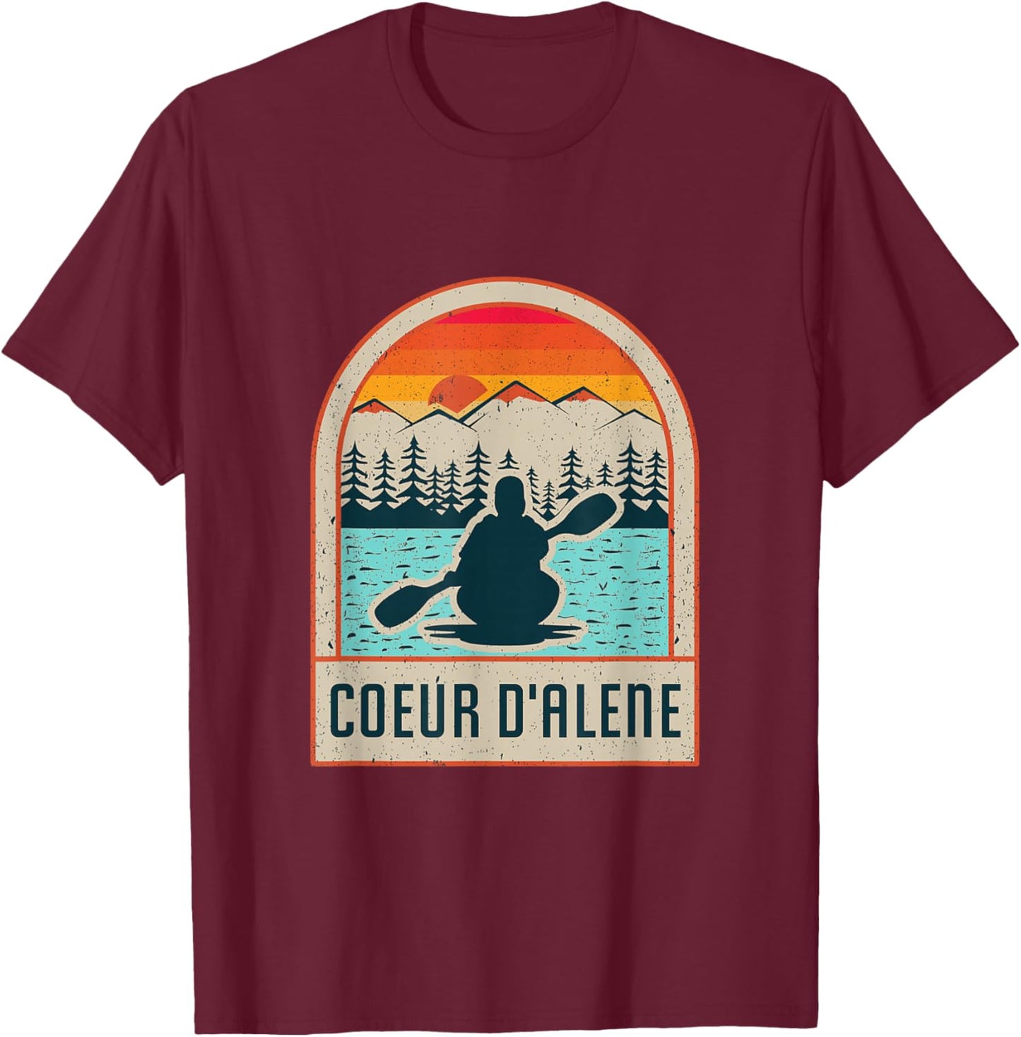 Vintage Sunset Lake Coeur d'Alene Idaho Kayaking Paddle T-Shirt - T-Shirt | Maroon