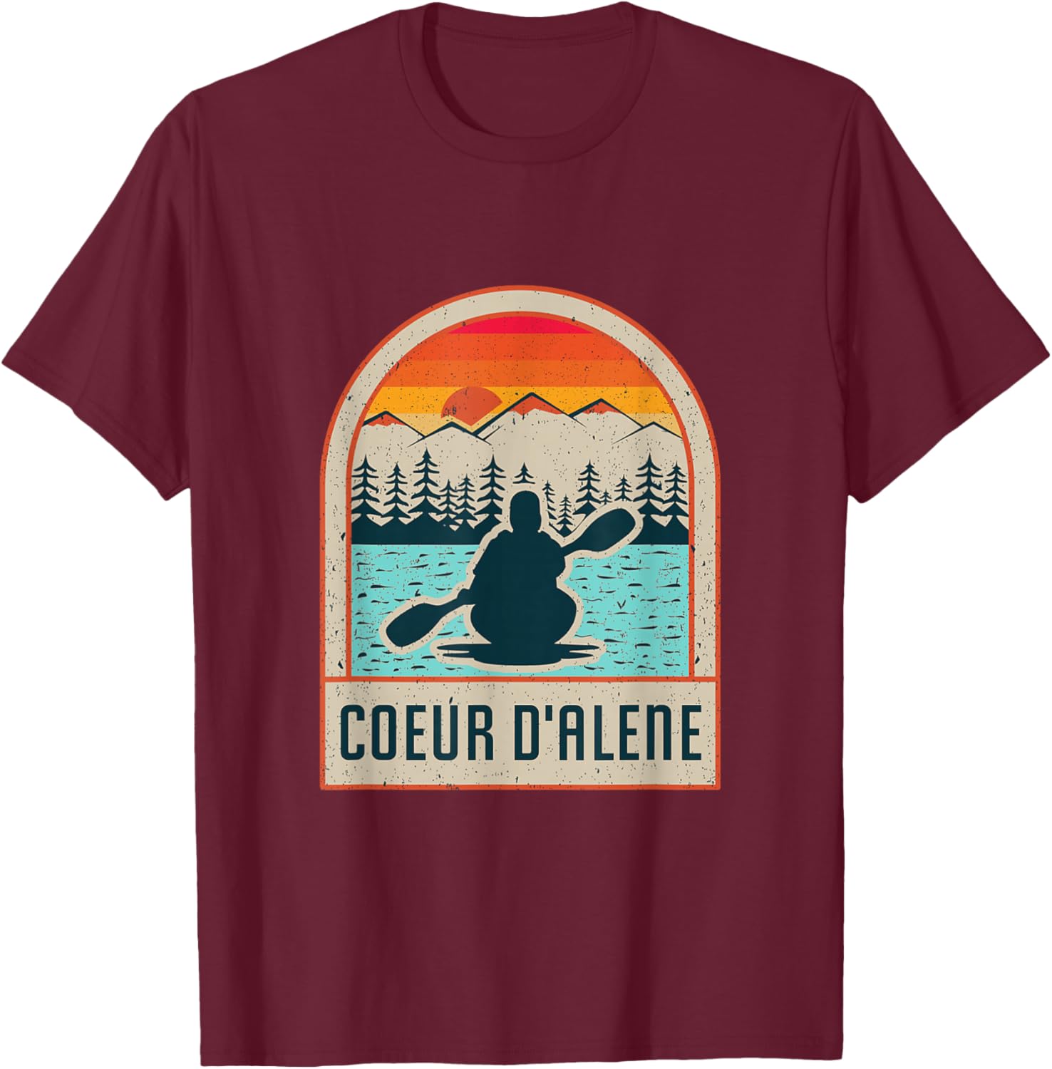 Vintage Sunset Lake Coeur d'Alene Idaho Kayaking Paddle T-Shirt - T-Shirt | Maroon
