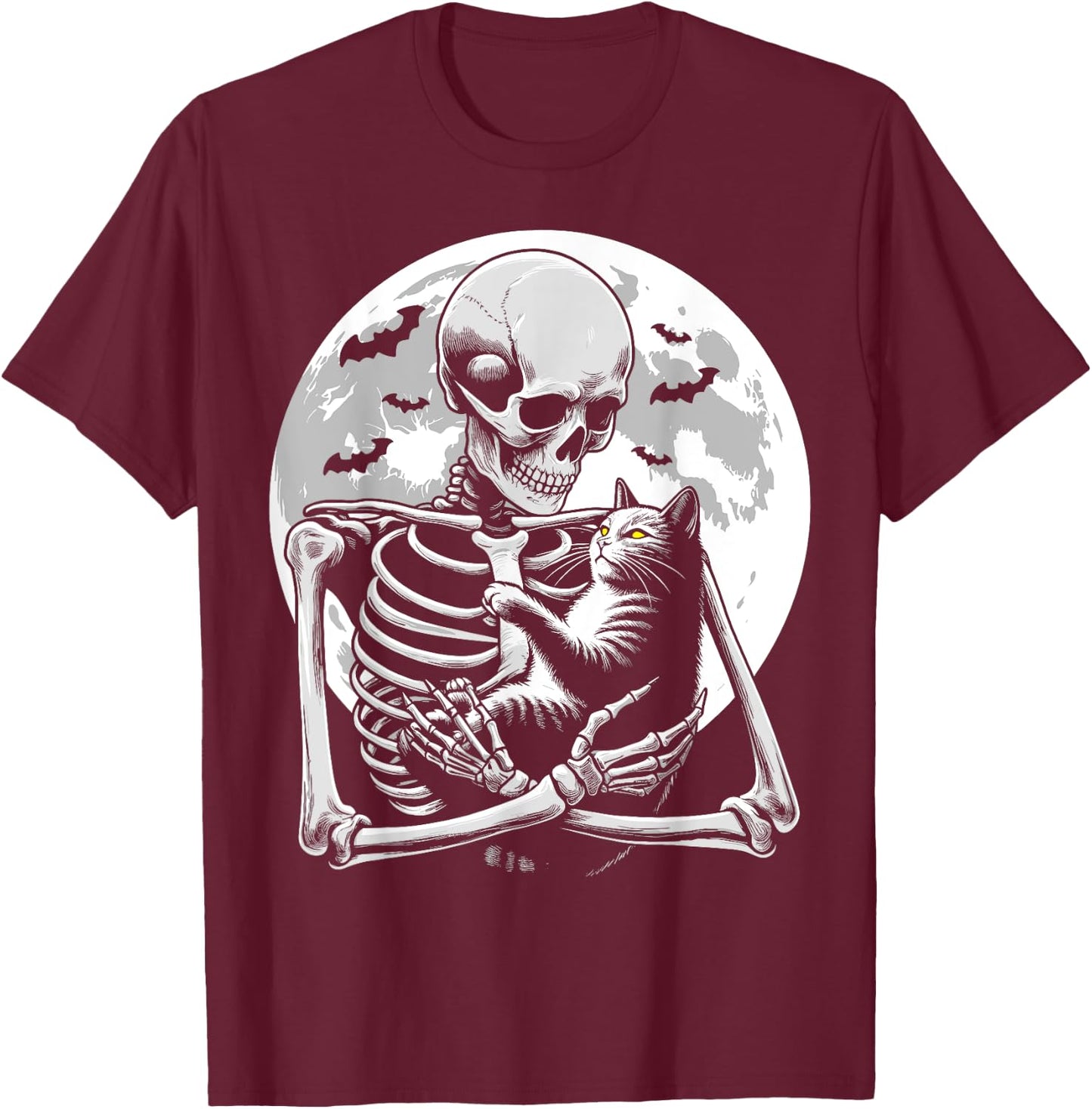 Cat skeleton Halloween skull skeleton holding cat Kitty moon Men Women Kids T-Shirt - T-Shirt | Maroon