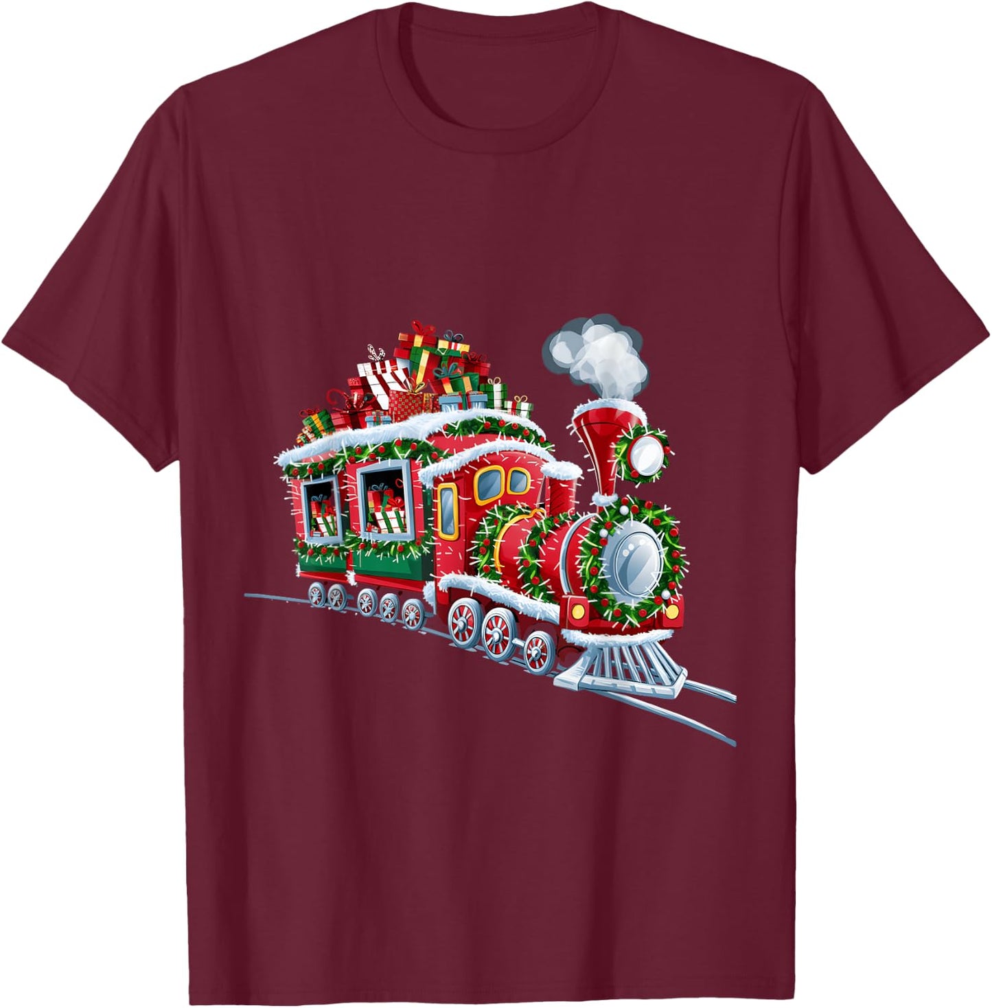 Christmas Train with Presents and Festive Decorations T-Shirt - T-Shirt | Maroon