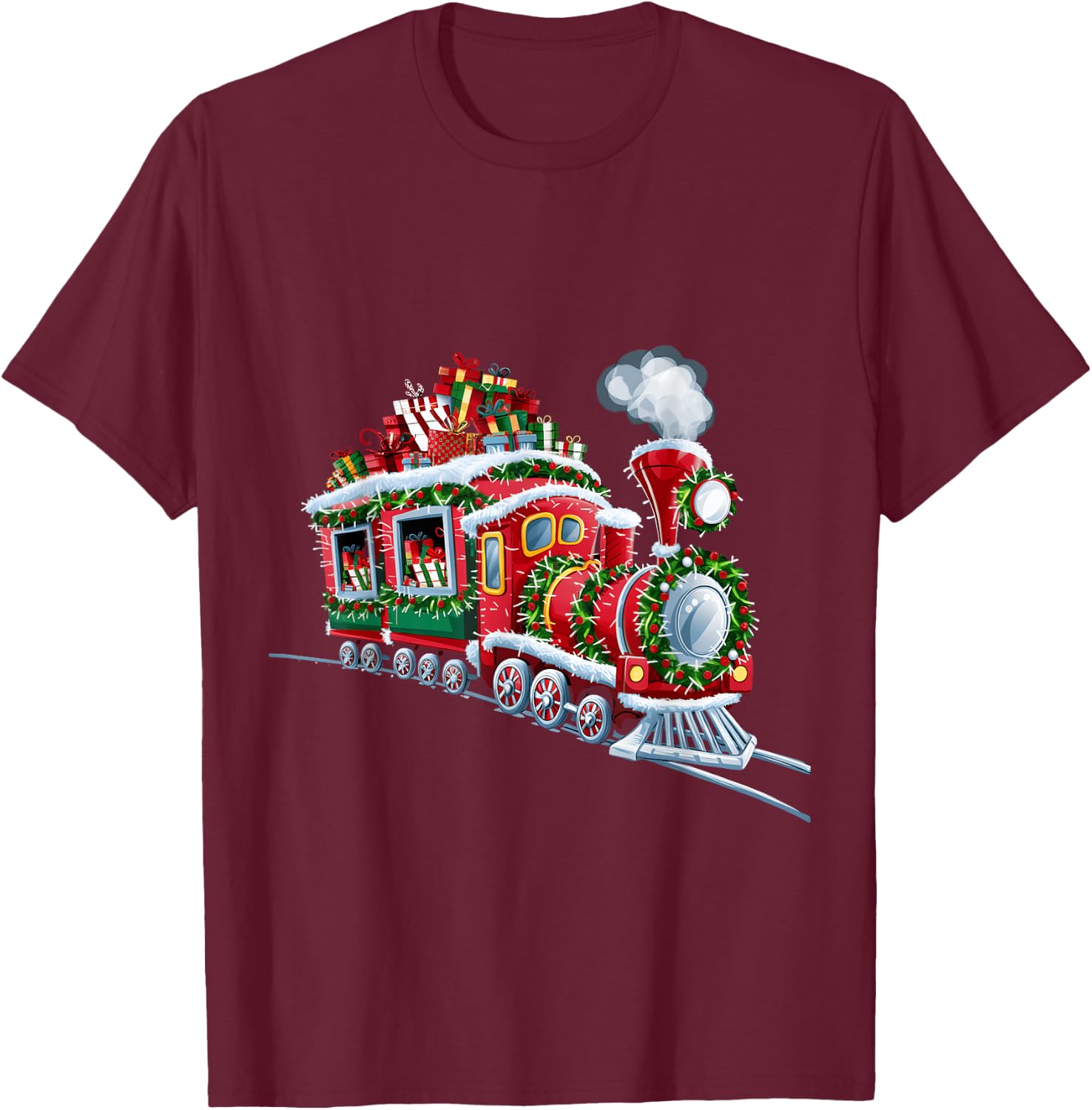 Christmas Train with Presents and Festive Decorations T-Shirt - T-Shirt | Maroon