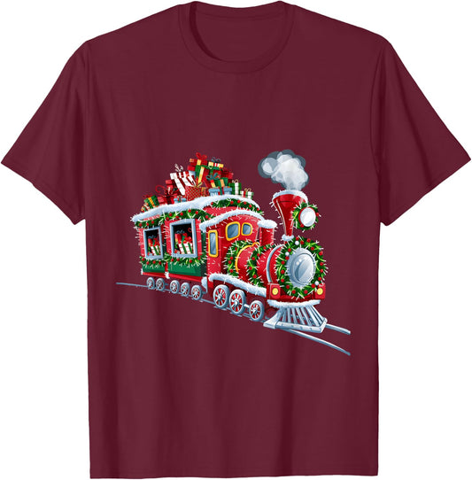 Christmas Train with Presents and Festive Decorations T-Shirt - T-Shirt | Maroon