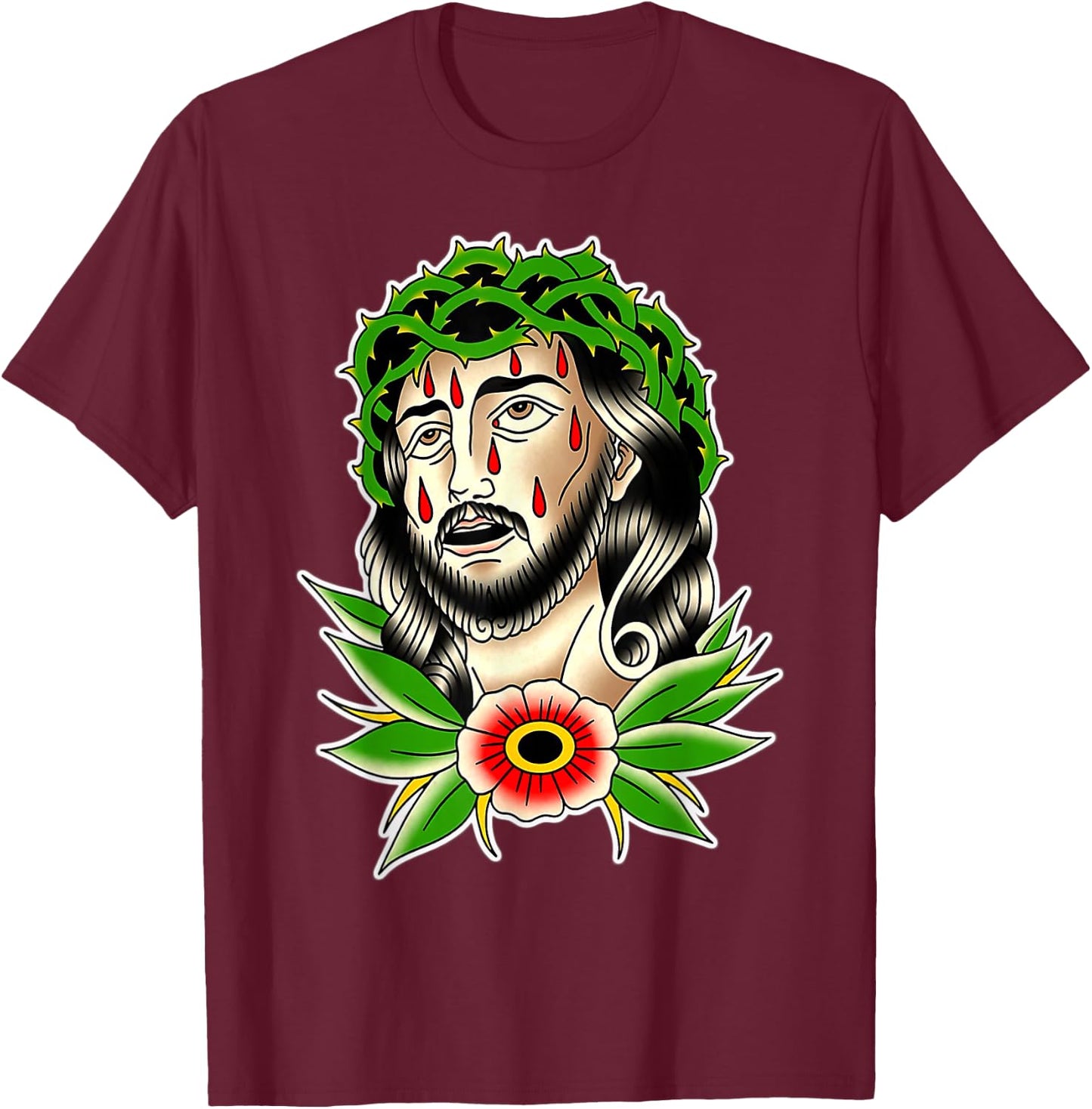 Jesus Christ Traditional Tattoo Flash T-Shirt - T-Shirt | Maroon