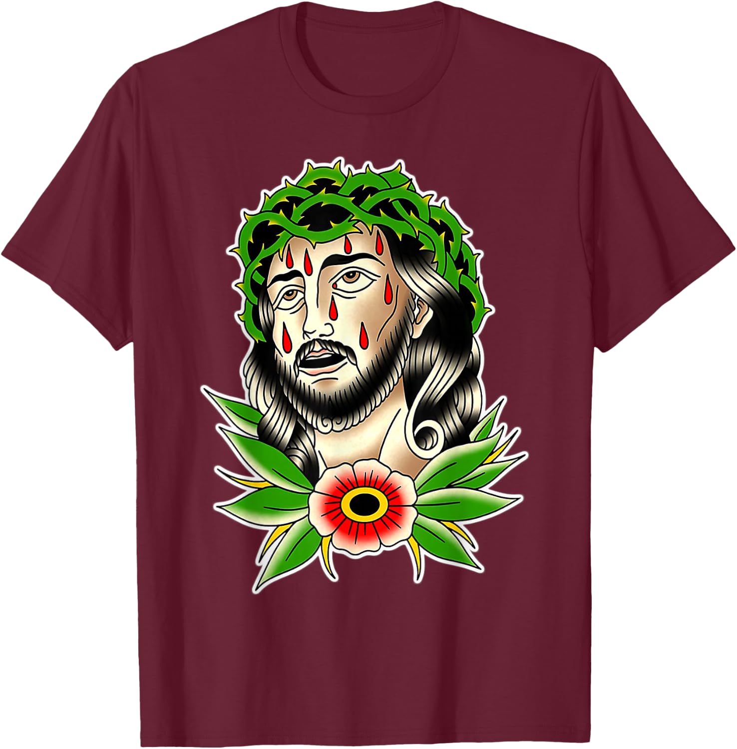 Jesus Christ Traditional Tattoo Flash T-Shirt - T-Shirt | Maroon