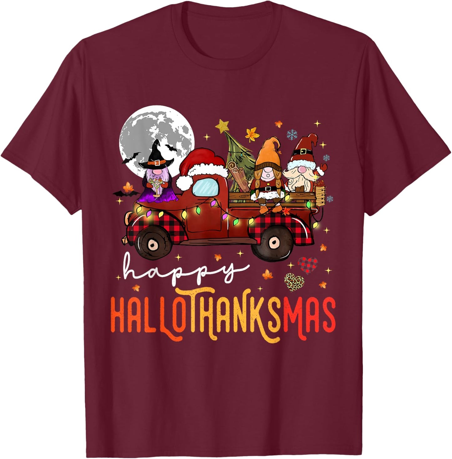 Funny Hallowthanksmas Gnome Christmas T-Shirt - T-Shirt | Maroon
