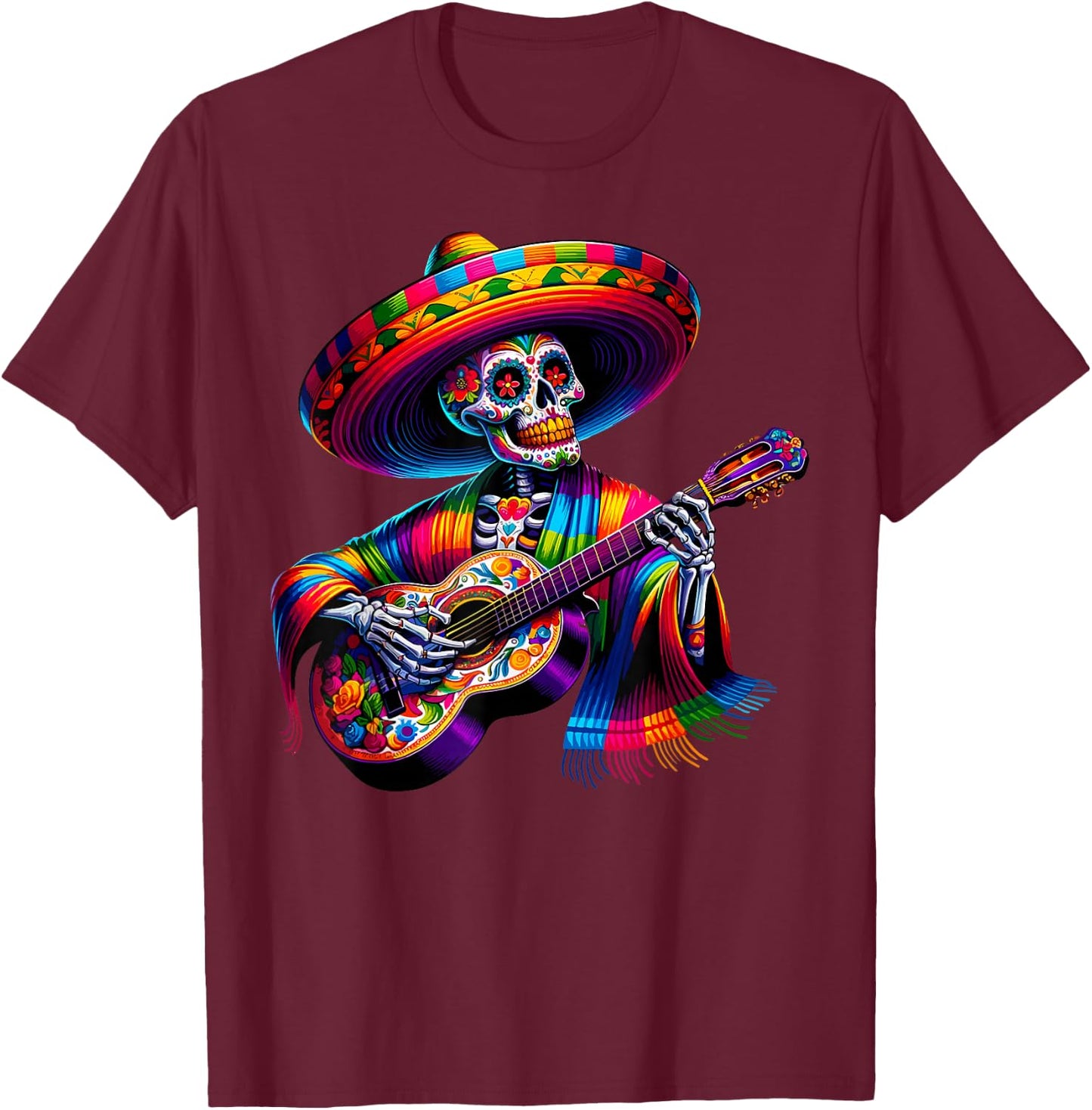 Funny Cinco De Mayo Skeleton Skull Fiesta Sombreros Guitar T-Shirt - T-Shirt | Maroon