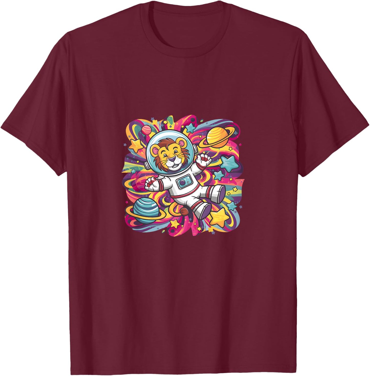 Kids Cute Astronaut Lion in Space Funny Planetary Kids T-Shirt - T-Shirt | Maroon