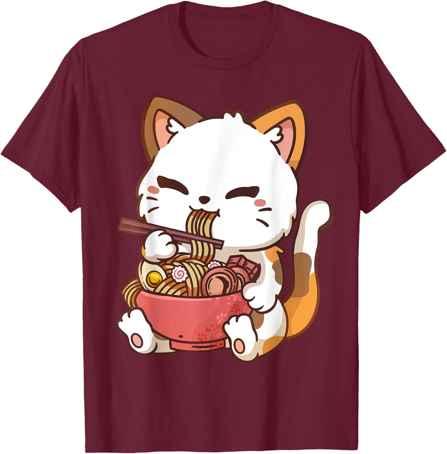 Ramen Cat Anime Kawaii Cat Eating Ramen T-Shirt - T-Shirt | Maroon