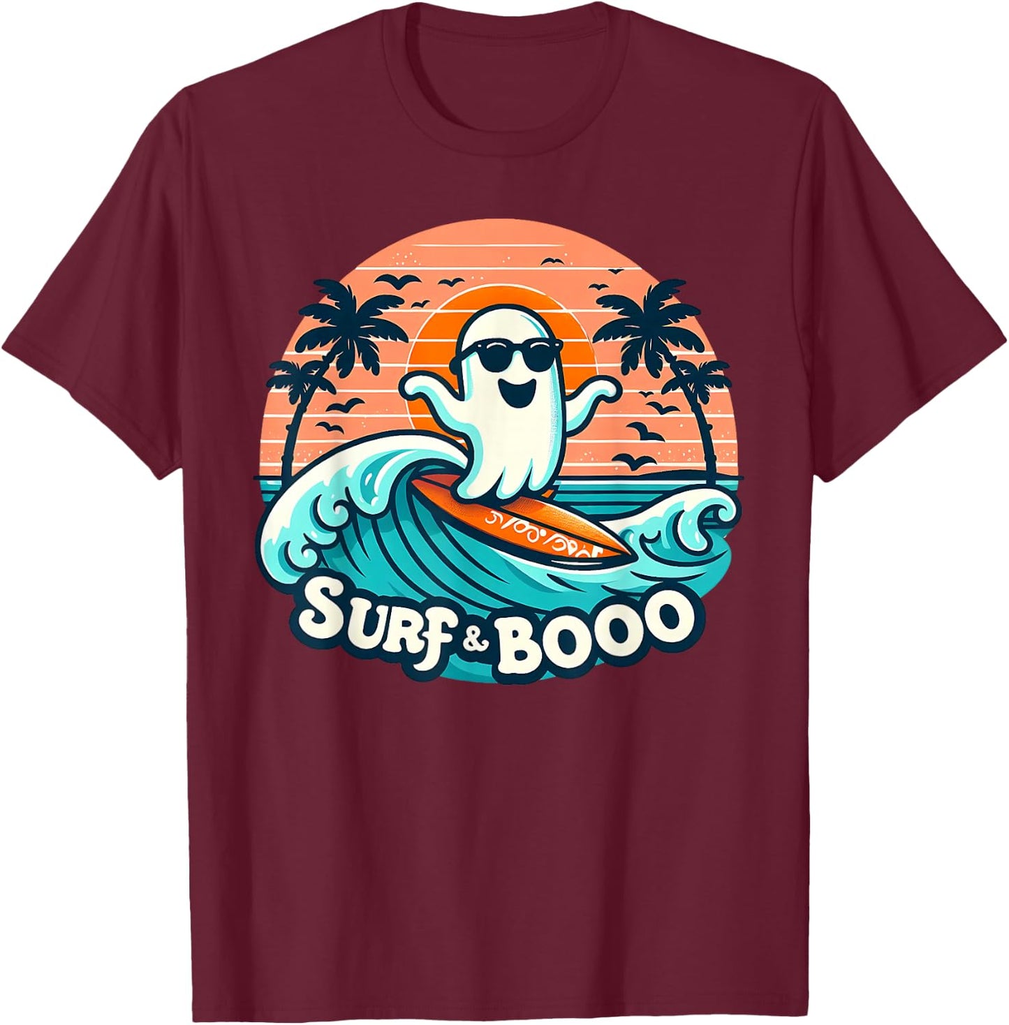 Cool Ghost Costume Surf and Boo Surfing Surfboard Halloween T-Shirt - T-Shirt | Maroon