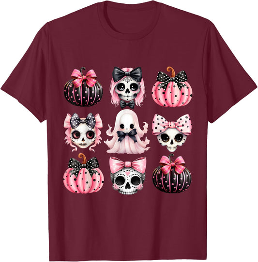 Cute Coquette Halloween Bows Black Pink Halloween Girl Women T-Shirt - T-Shirt | Maroon