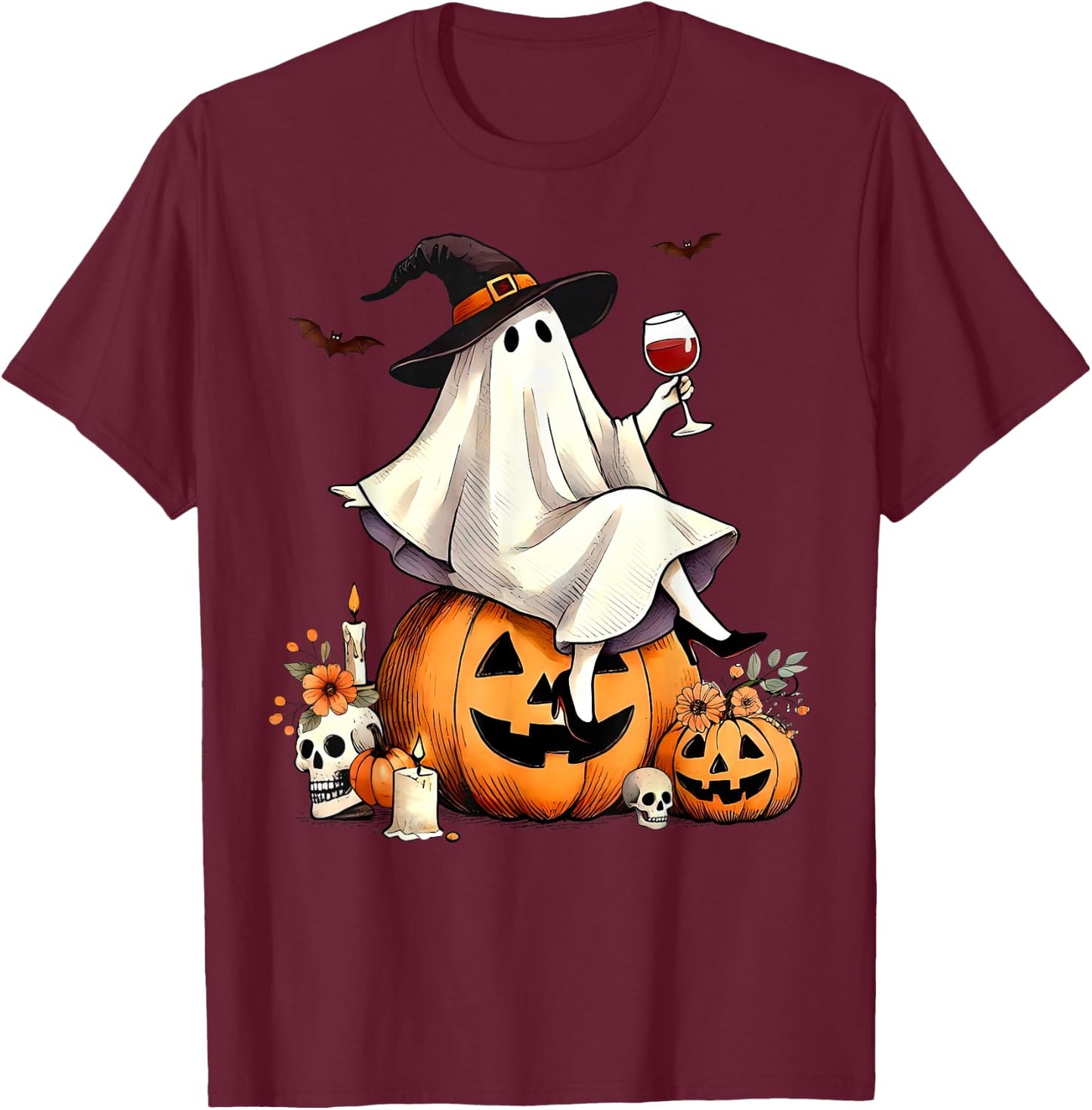 Witch Ghost Wine Drinking Pumpkin Halloween Spooky Season T-Shirt - T-Shirt | Maroon
