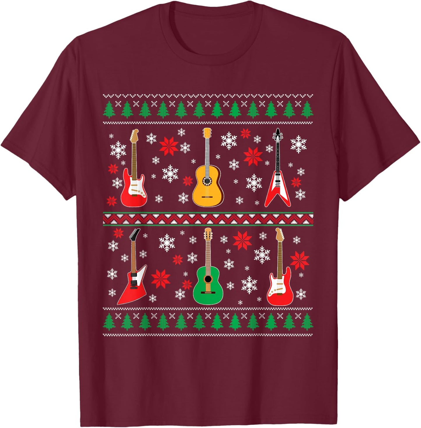 Guitar Ugly Christmas Sweater Guitar Lovers Guitarists Gifts T-Shirt - T-Shirt | Maroon