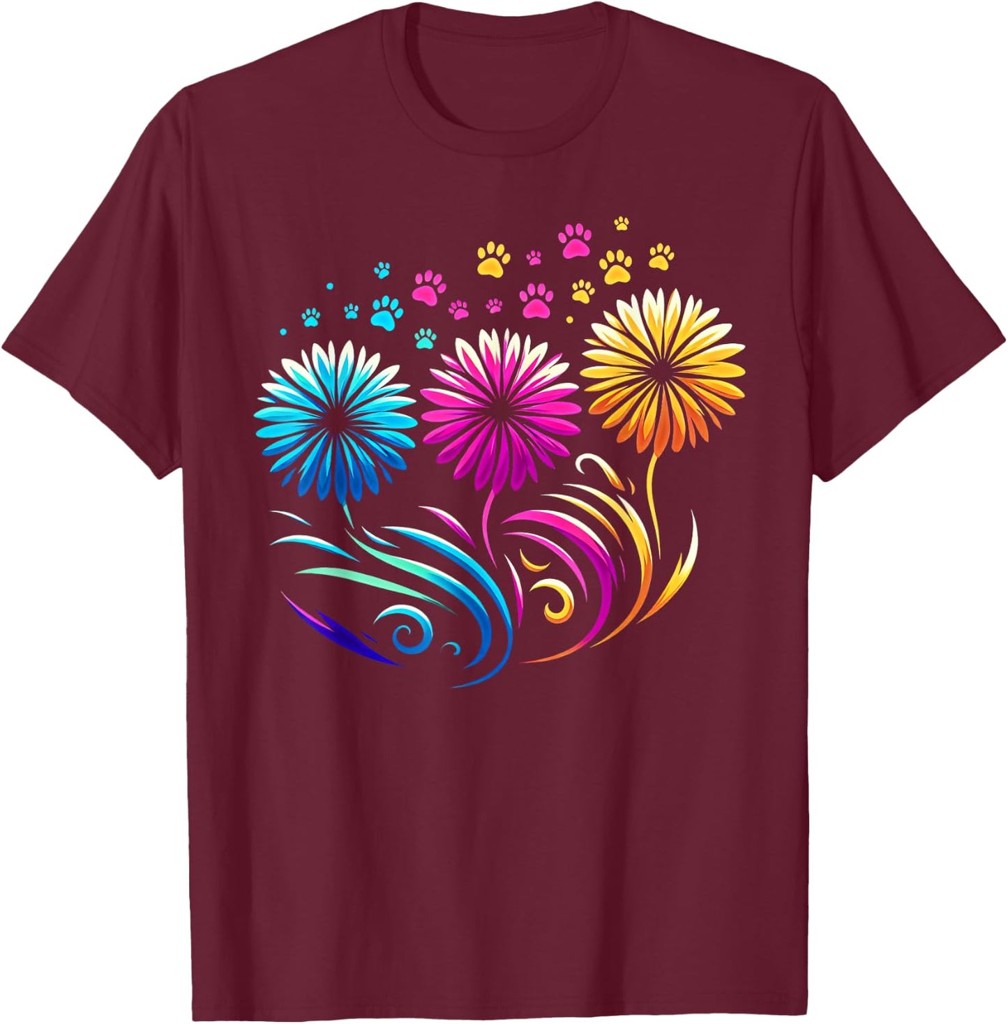 Dandelion Flowers Cute Dog Paw Funny Cat Paw Men Women Kids T-Shirt - T-Shirt | Maroon