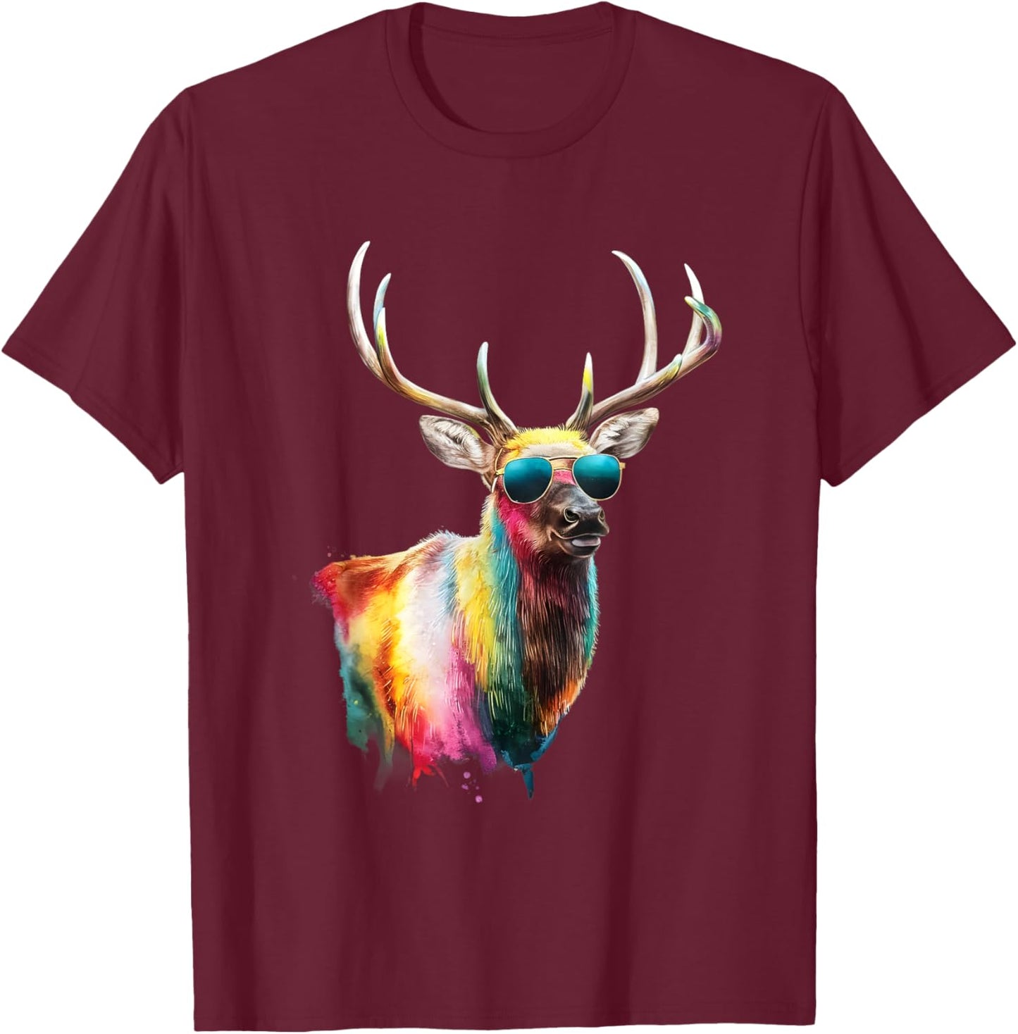 Elk Men Woman Colorful Watercolor Elk T-Shirt - T-Shirt | Maroon