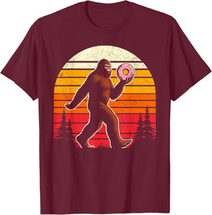 Donut bigfoot funny sasquatch holding donuts retro vintage T-Shirt - T-Shirt | Maroon