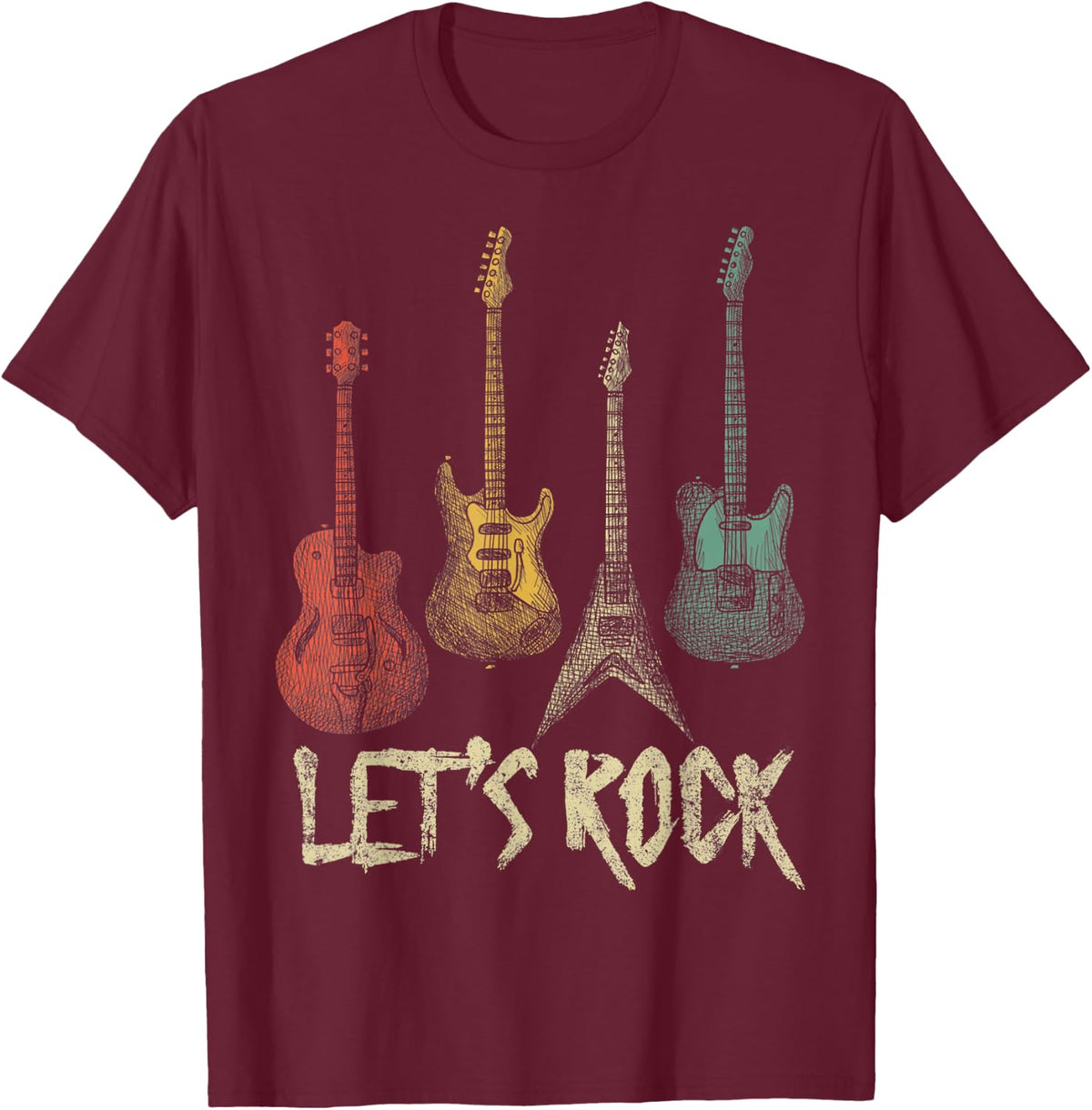 Lets Rock Rock n Roll Guitar Retro Gift Men Women Shirt T-Shirt - T-Shirt | Maroon