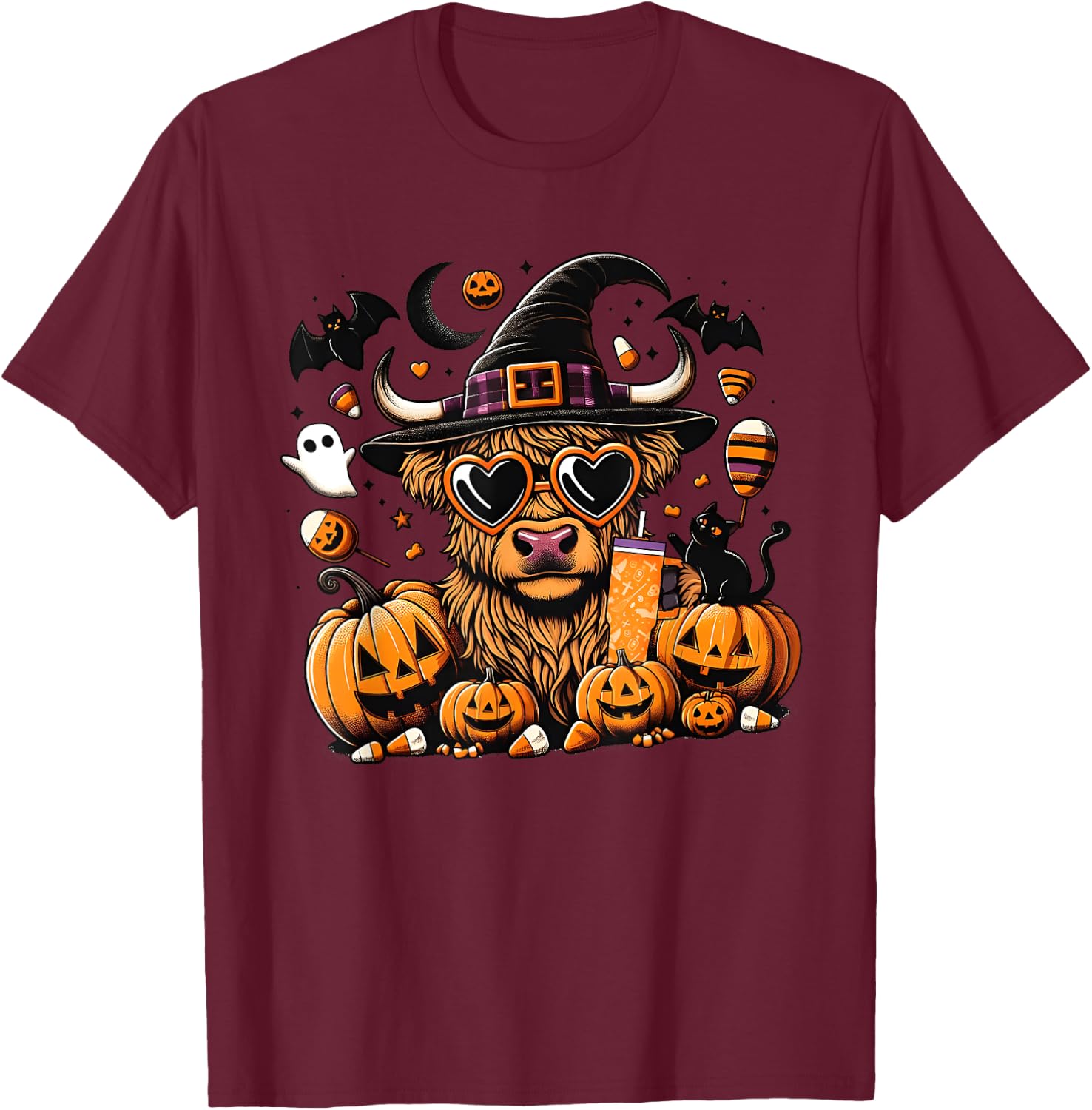 Halloween Highland Cow , Cute Witch Spooky Halloween Cow T-Shirt - T-Shirt | Maroon