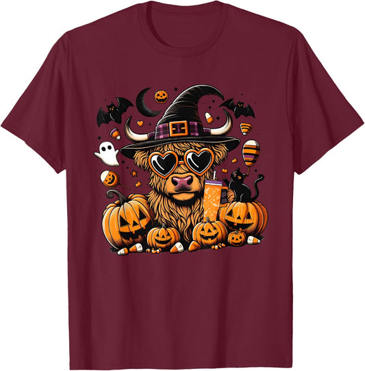 Halloween Highland Cow , Cute Witch Spooky Halloween Cow T-Shirt - T-Shirt | Maroon