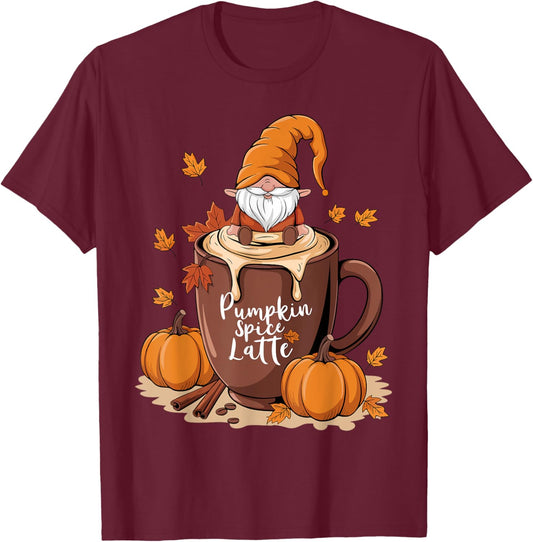 Cozy Fall Pumpkin Spice Latte Gnome Autumn Design T-Shirt - T-Shirt | Maroon
