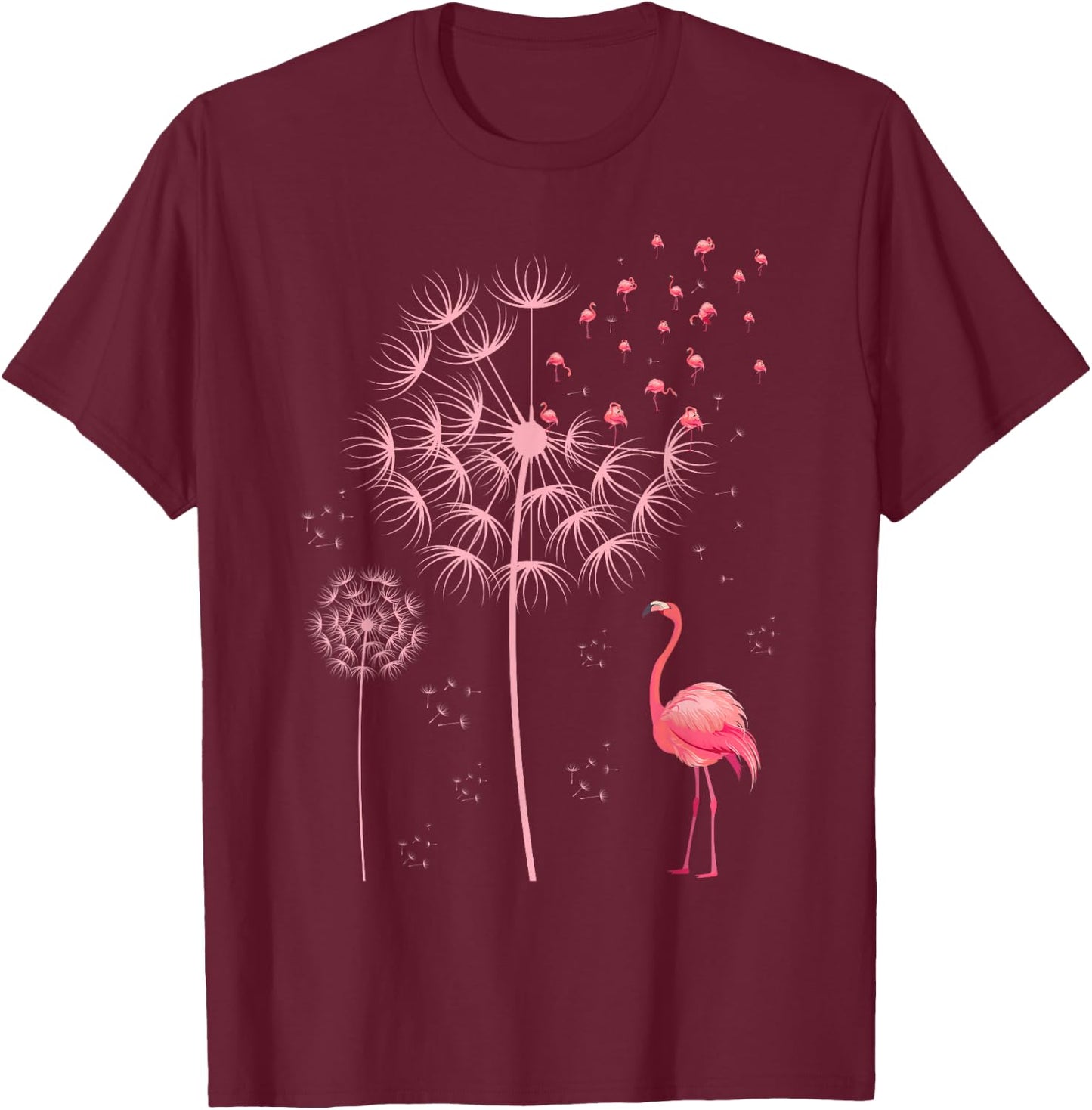 Flower Dandelion Exotic Animal Tropical Bird Pink Flamingo T-Shirt - T-Shirt | Maroon