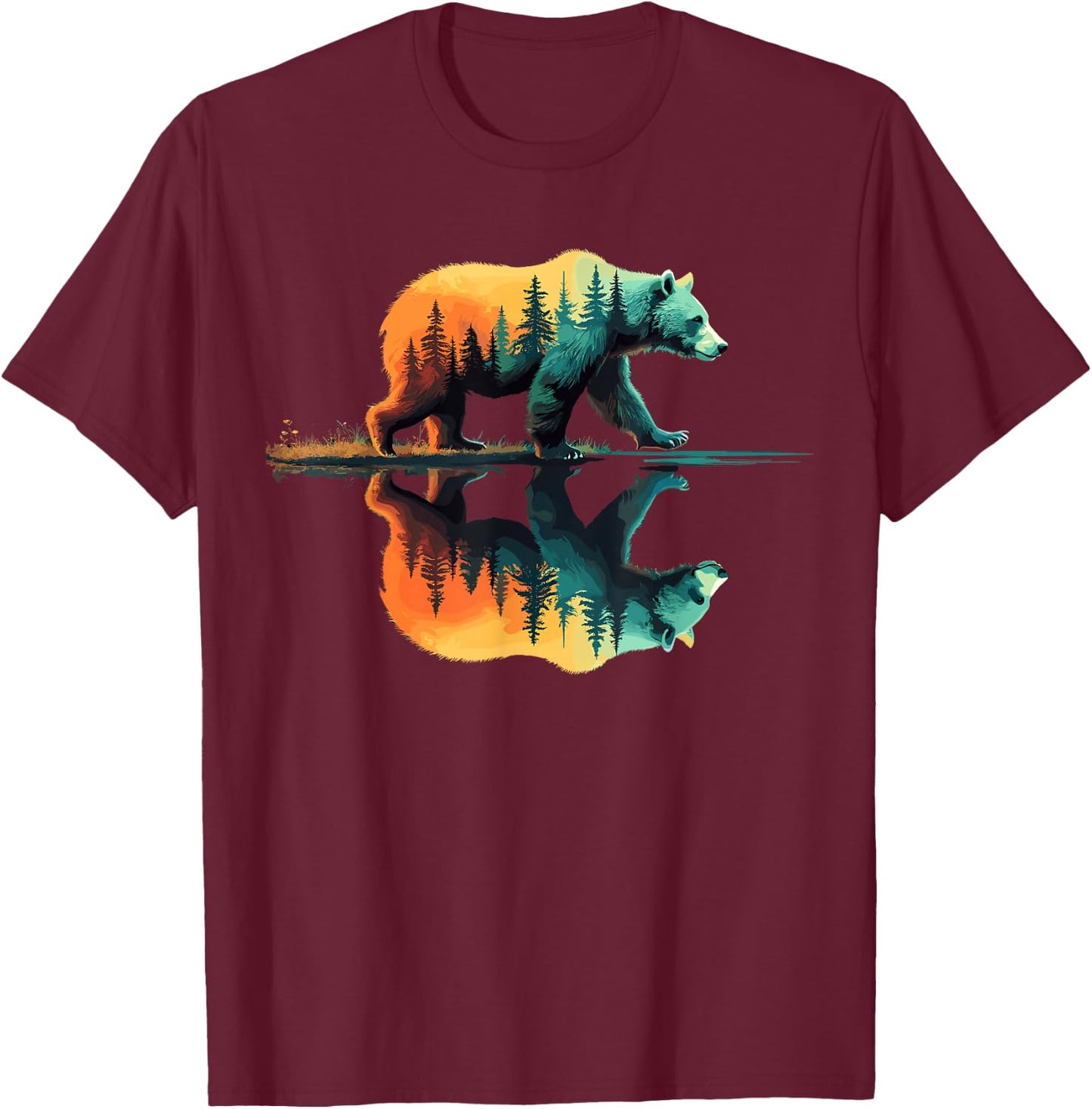 Nature Forest Mountains Trees Wildlife Bear T-Shirt - T-Shirt | Maroon