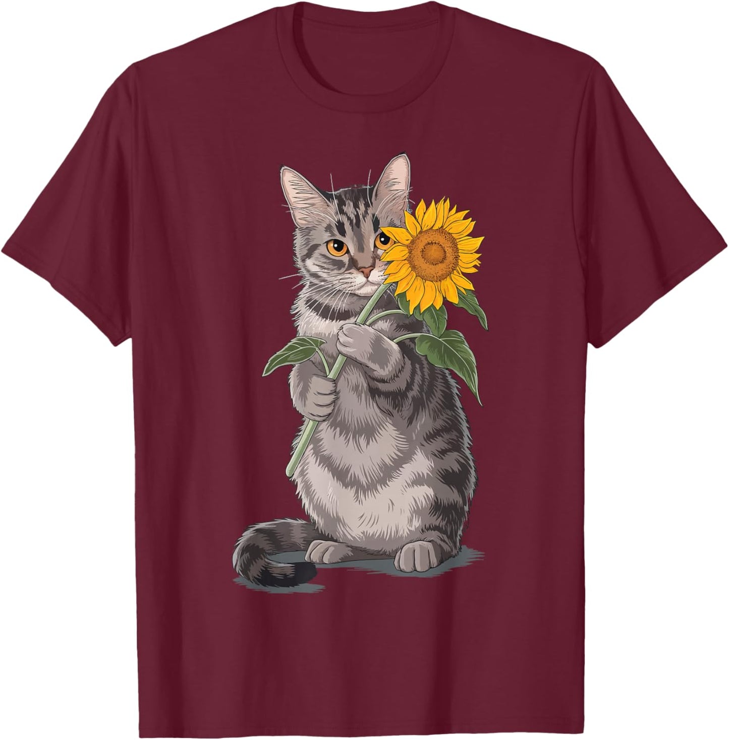 Cat Holding Sunflower T-Shirt - T-Shirt | Maroon