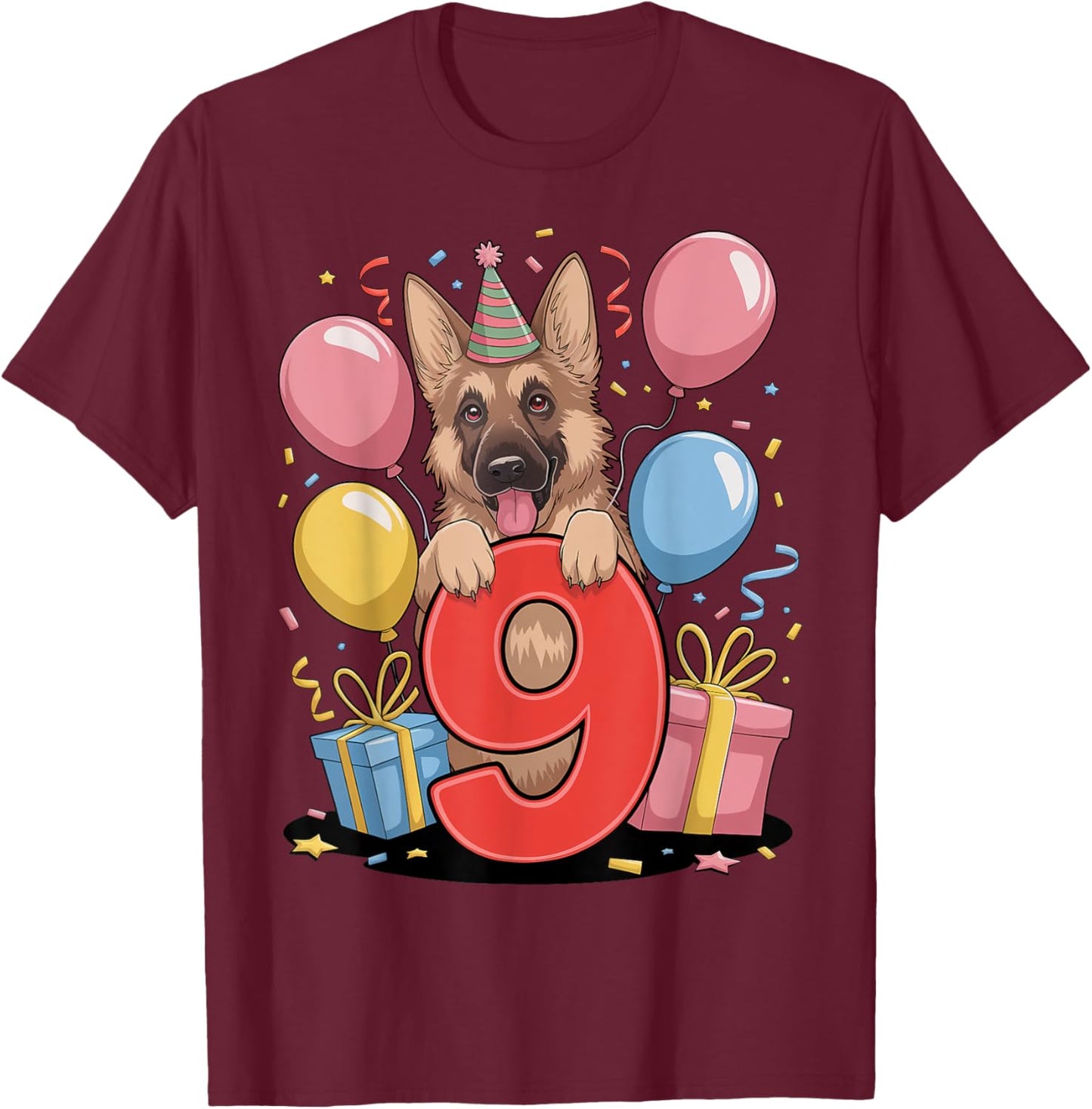 GSD dog 9th birthday boy girl 9 years nine German Shepherd T-Shirt - T-Shirt | Maroon