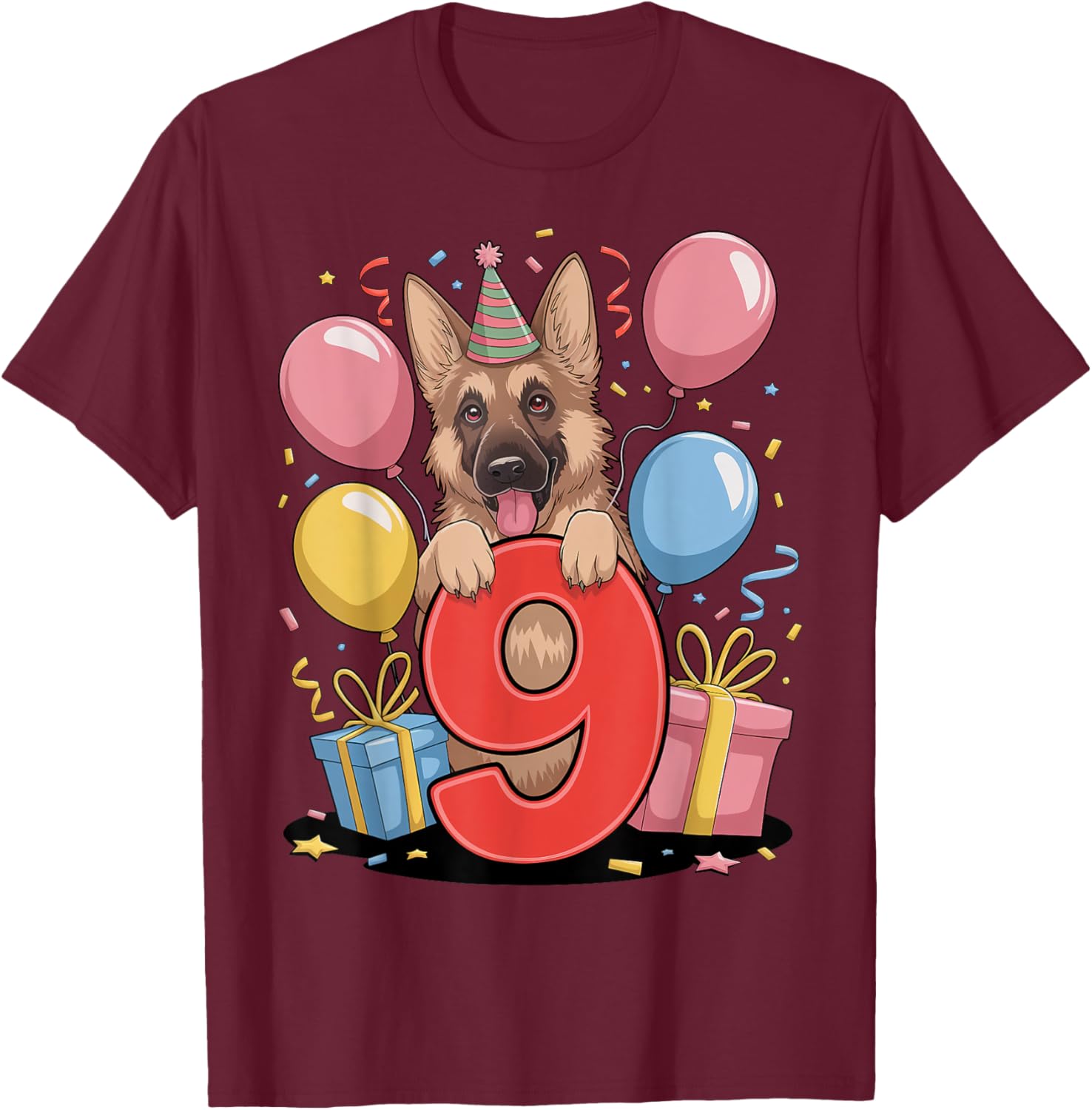 GSD dog 9th birthday boy girl 9 years nine German Shepherd T-Shirt - T-Shirt | Maroon
