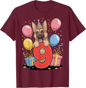 GSD dog 9th birthday boy girl 9 years nine German Shepherd T-Shirt - T-Shirt | Maroon