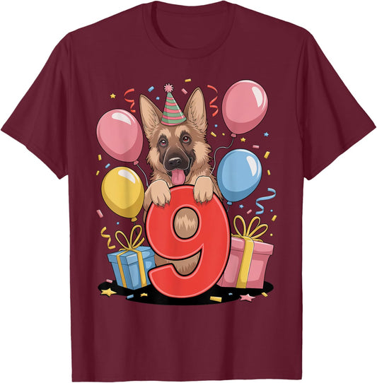 GSD dog 9th birthday boy girl 9 years nine German Shepherd T-Shirt - T-Shirt | Maroon