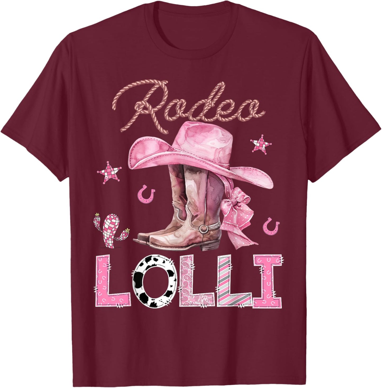 Rodeo Lolli Pink Boots Coquette CowGirl Birthday Party T-Shirt - T-Shirt | Maroon
