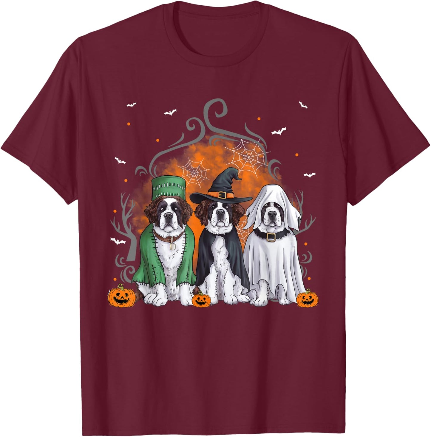 Three Saint Bernard St. Bernard Dog Halloween Ghost Costume Women Kids T-Shirt - T-Shirt | Maroon