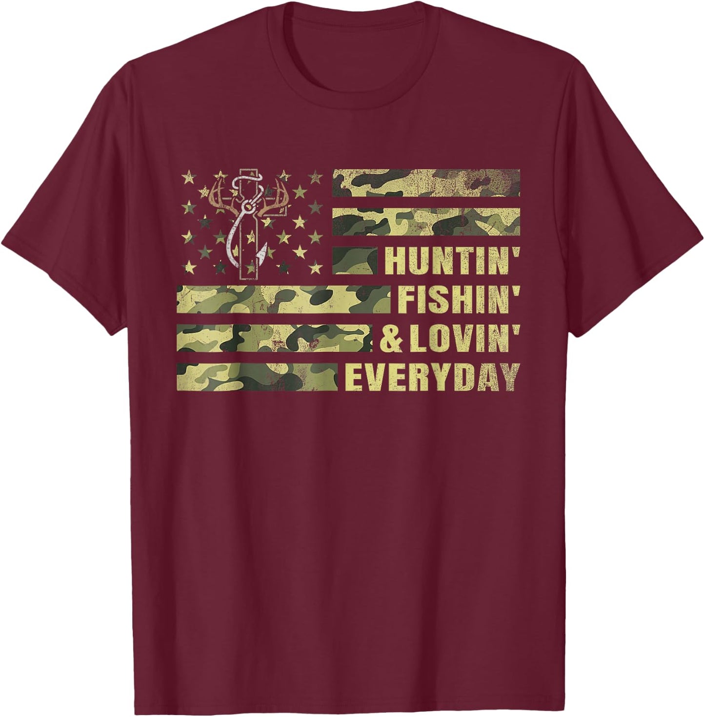 Hunting Fishing Loving Every Day Camo American Flag Patriot T-Shirt - T-Shirt | Maroon