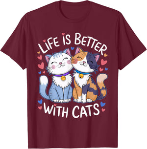 Life Is Better With Cats Cute Cat Lover Valentine's T-Shirt - T-Shirt | Maroon