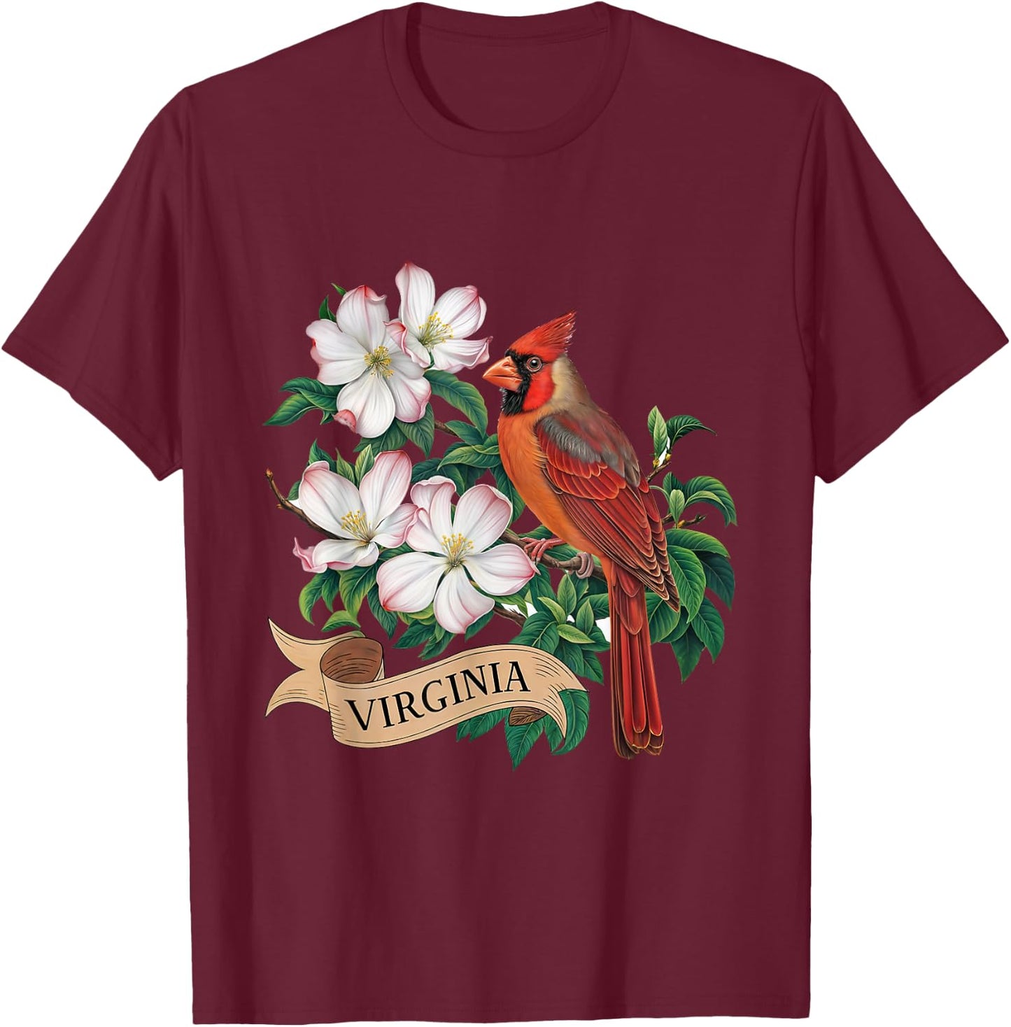 Virginia Cardinal Bird and Flowering Dogwood Flower T-Shirt - T-Shirt | Maroon