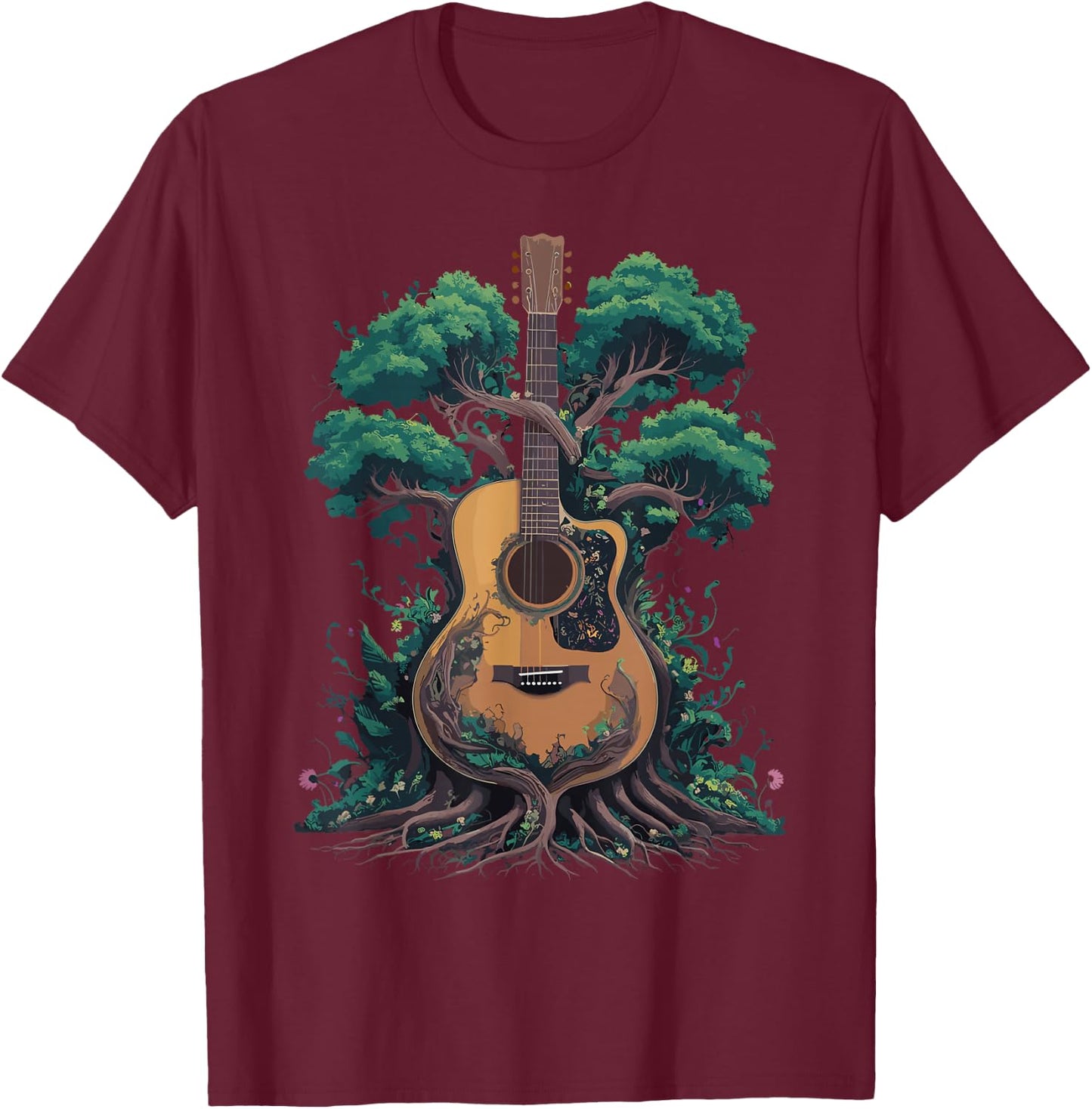 Acoustic Guitar Tree Musician Guitarist T-Shirt - T-Shirt | Maroon