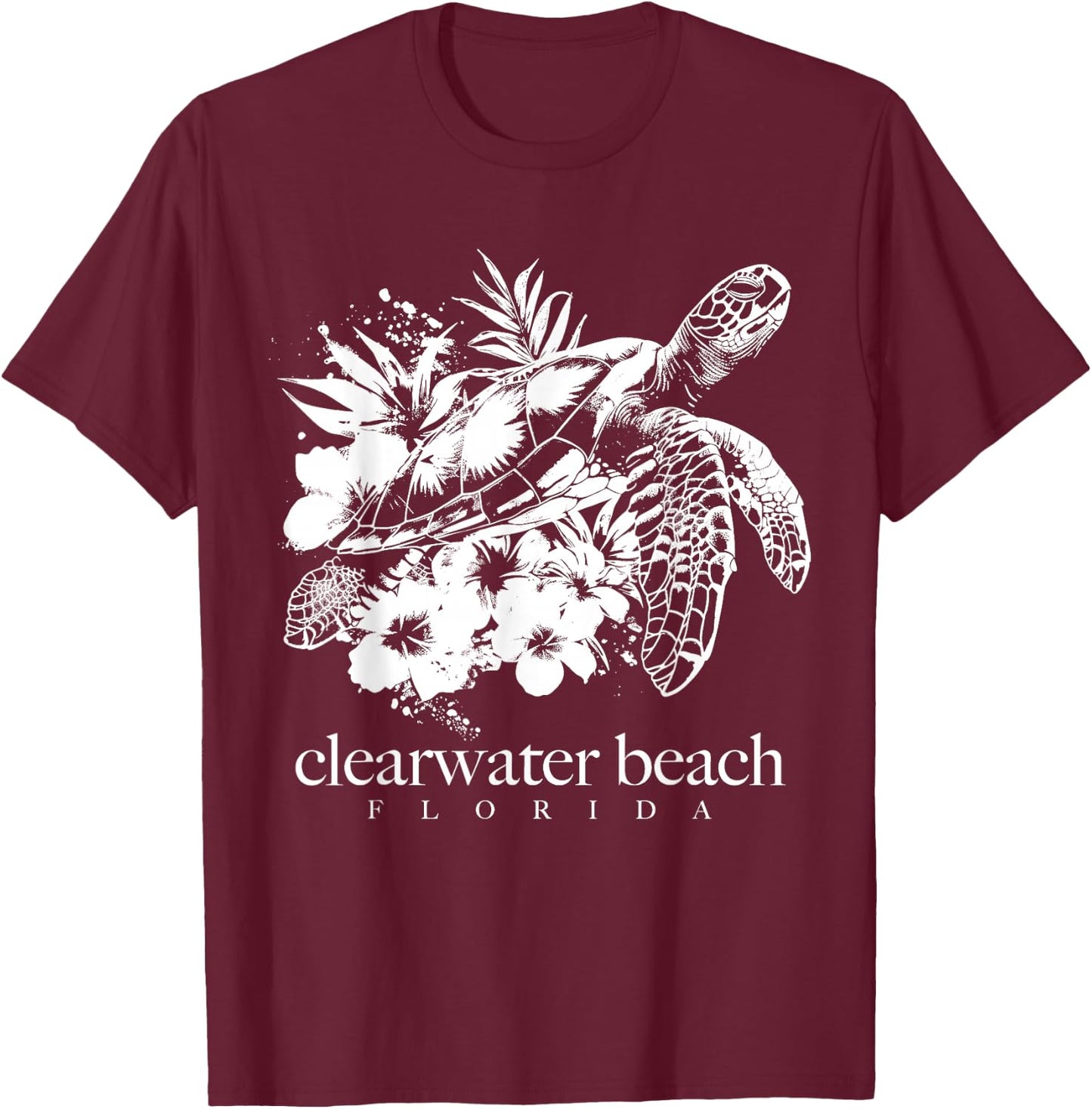 Clearwater Beach Florida Sea Turtle Flowers Surfer Souvenir T-Shirt - T-Shirt | Maroon