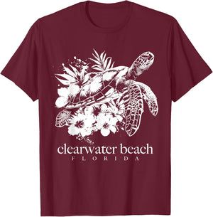 Clearwater Beach Florida Sea Turtle Flowers Surfer Souvenir T-Shirt - T-Shirt | Maroon