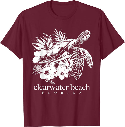 Clearwater Beach Florida Sea Turtle Flowers Surfer Souvenir T-Shirt - T-Shirt | Maroon