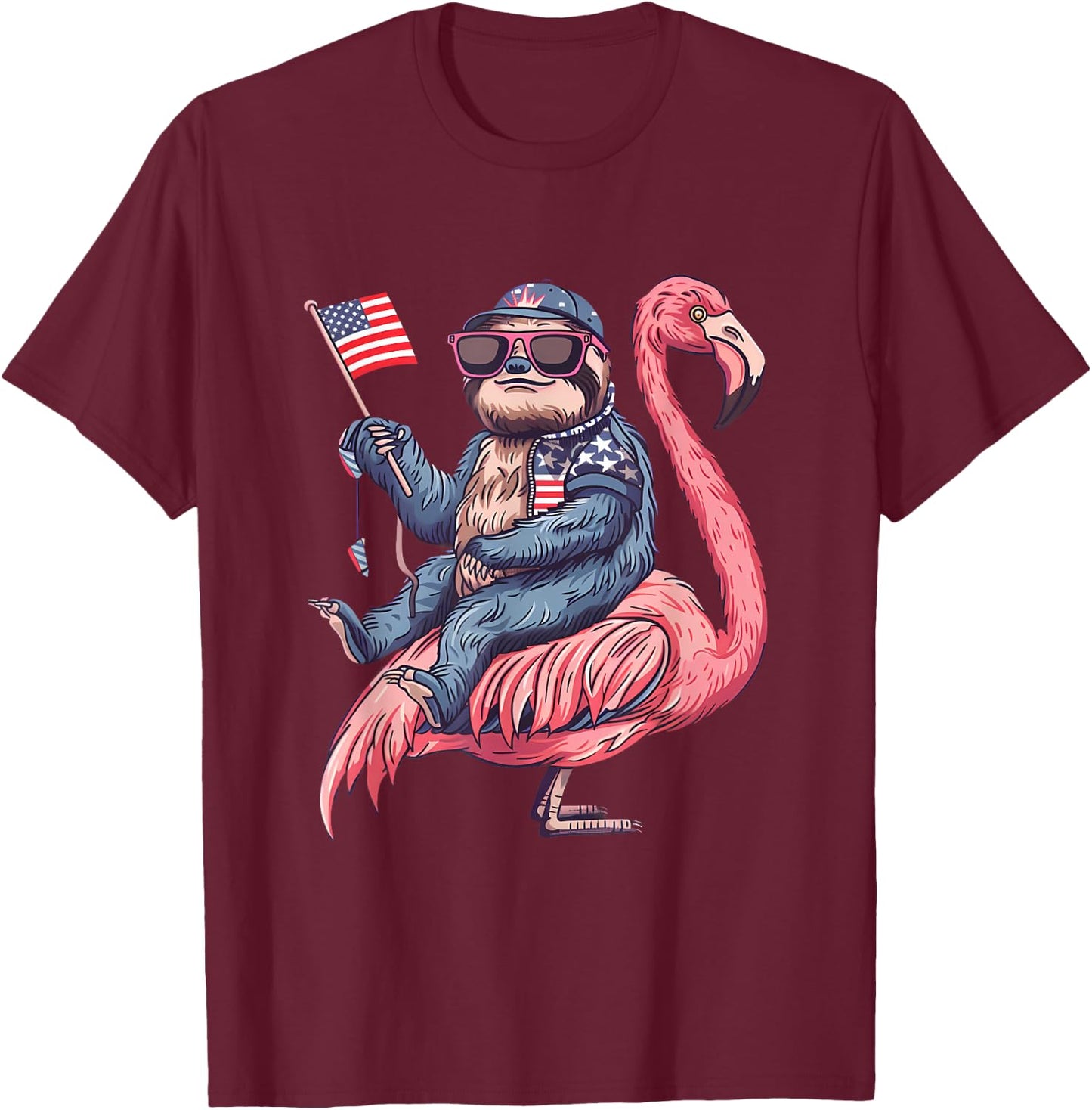 4th Of July Sloth Flamingo American Flag USA Fourth Of July T-Shirt - T-Shirt | Maroon