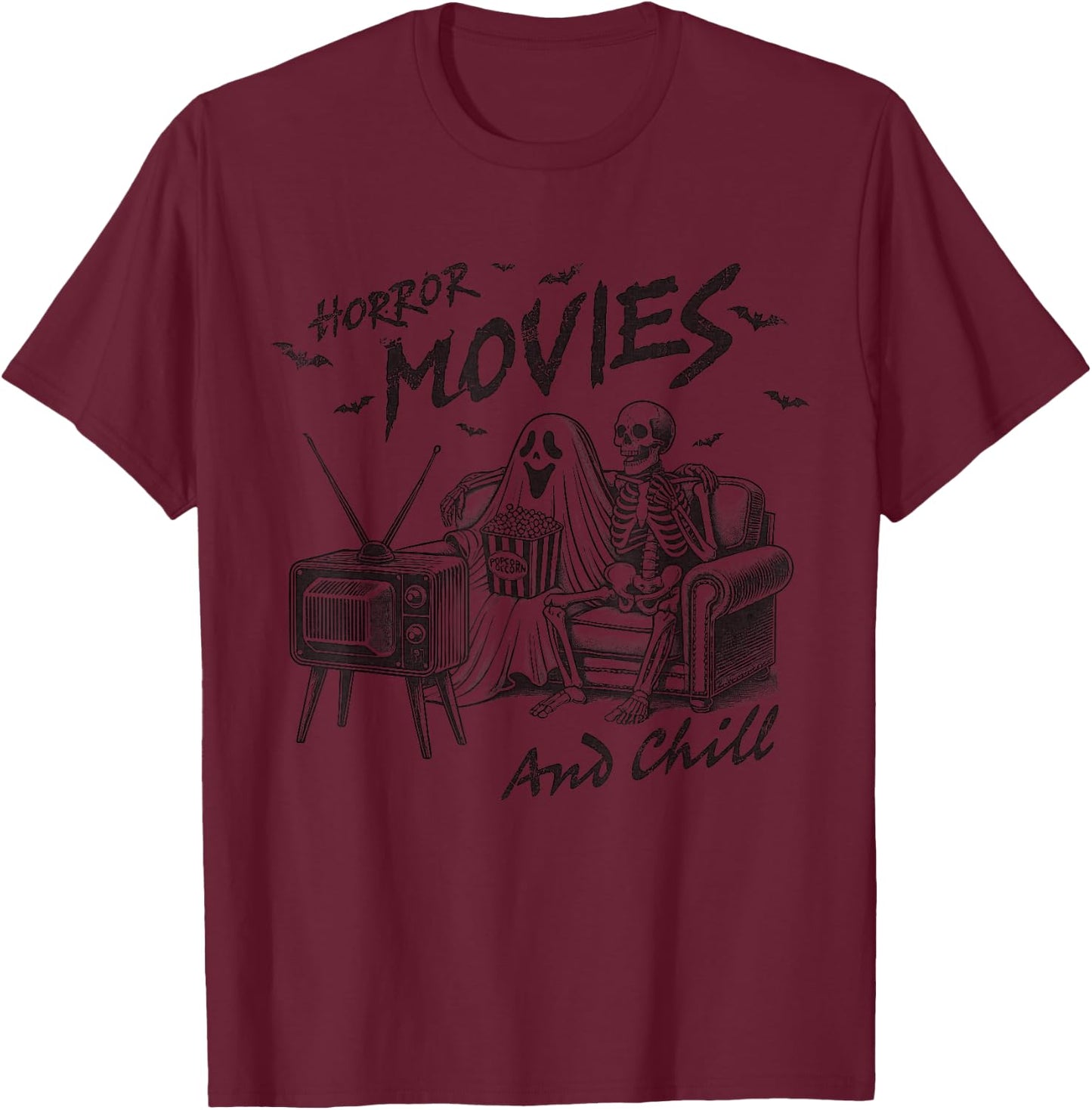 Horror Movies And Chill Halloween Themed Graphic For Couple T-Shirt - T-Shirt | Maroon