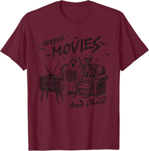 Horror Movies And Chill Halloween Themed Graphic For Couple T-Shirt - T-Shirt | Maroon