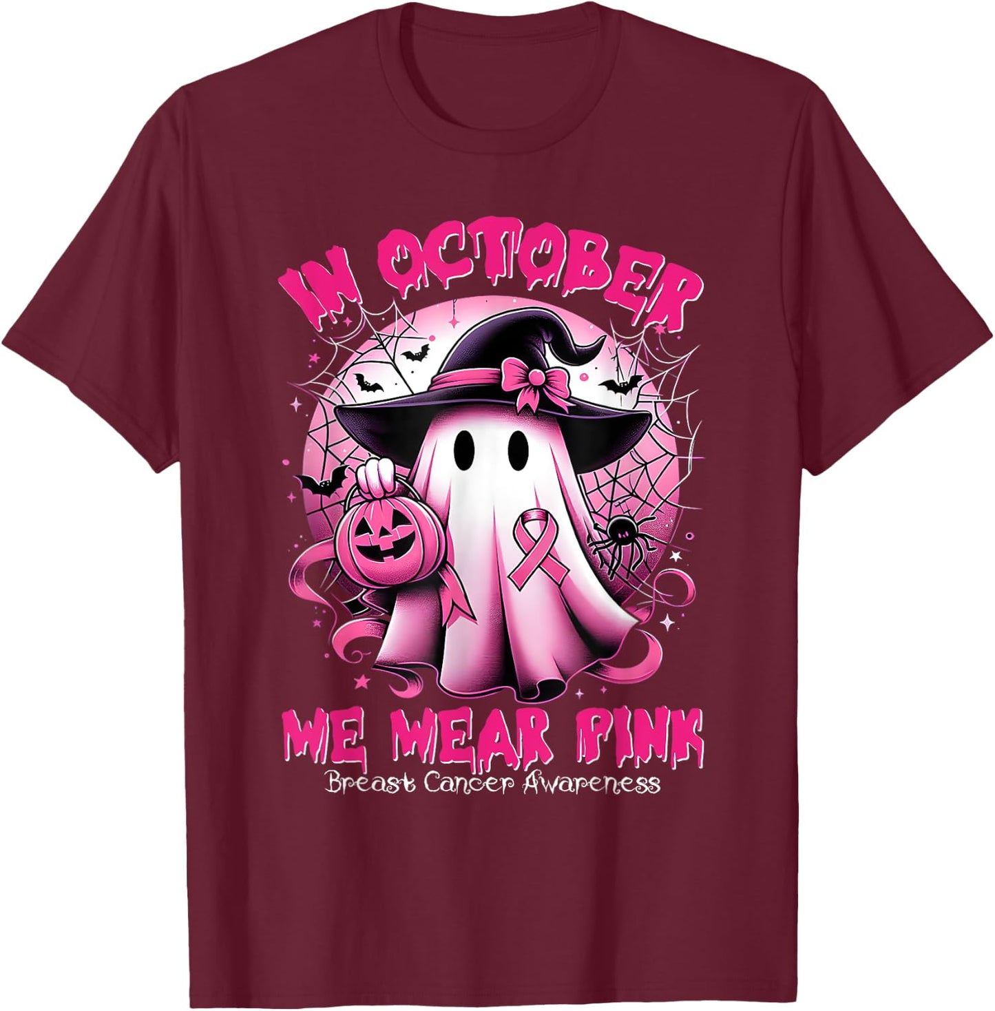 In October We Wear Pink Witch Ghost Breast Cancer Awareness T-Shirt - T-Shirt | Maroon