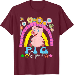 Pig Funny Squad Costume Flowers Rainbow Farmer Rancher T-Shirt - T-Shirt | Maroon
