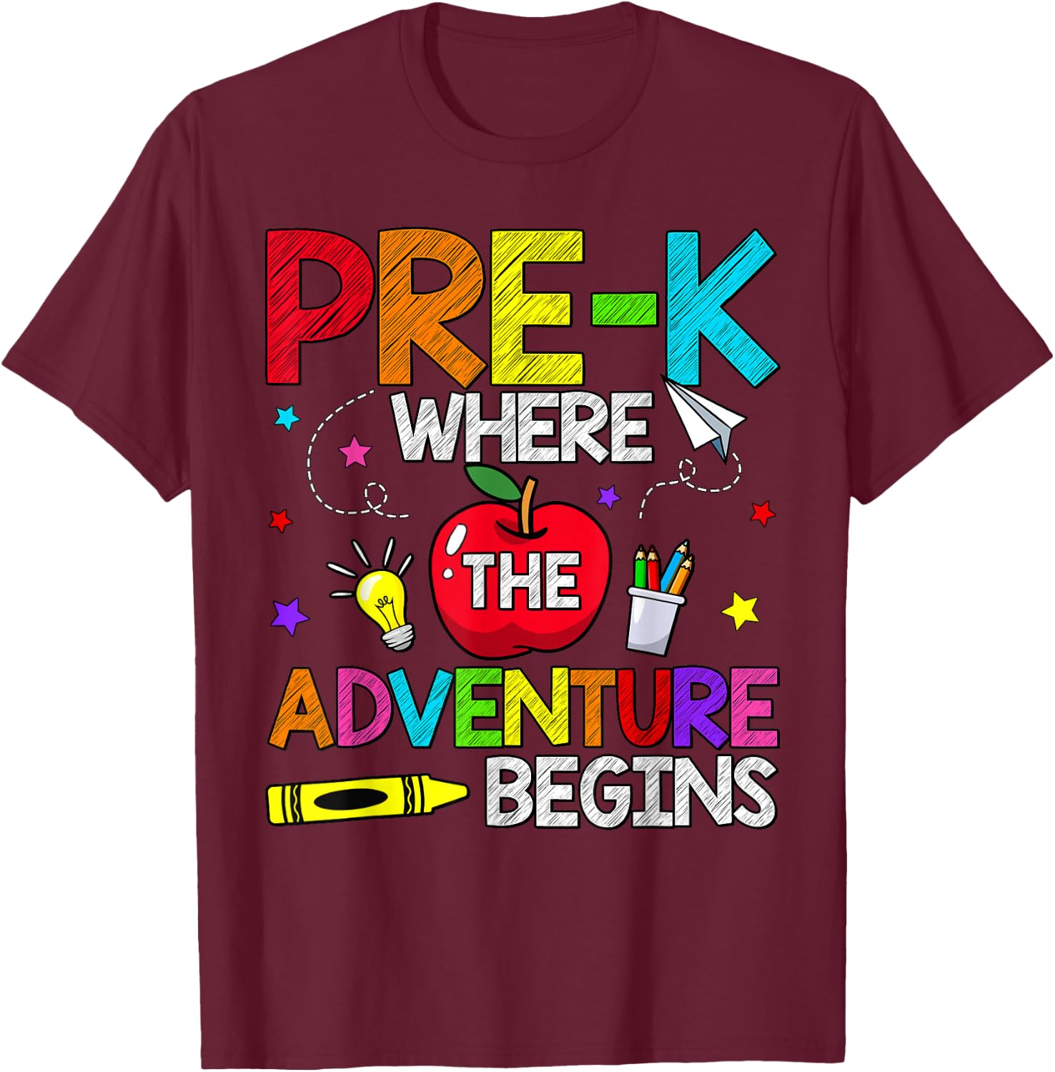 Pre-K Where The Adventure Begins Back To School Teacher Kids T-Shirt - T-Shirt | Maroon