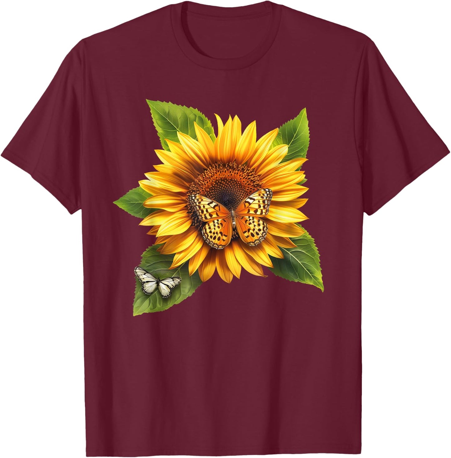Butterfly Sunflower Floral Flower T-Shirt - T-Shirt | Maroon