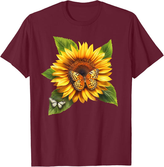 Butterfly Sunflower Floral Flower T-Shirt - T-Shirt | Maroon