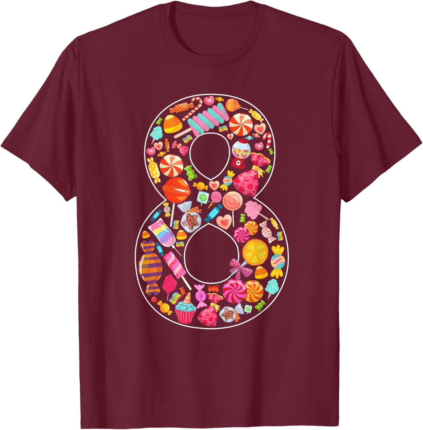 8th Birthday Candy Theme 8 Year Old Party Kids T-Shirt - T-Shirt | Maroon