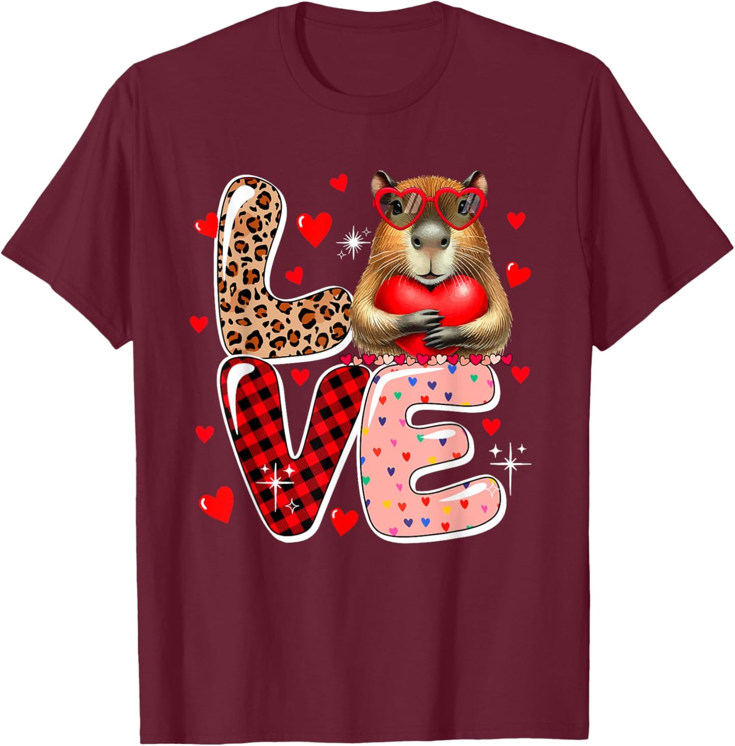 LOVE Capybara Sunglasses Hearts Valentine's Day Kids Toddler T-Shirt - T-Shirt | Maroon
