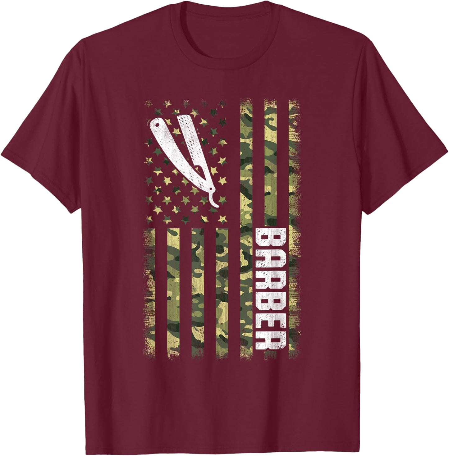Camo American Flag USA Camouflage Patriotic Barber Women Men T-Shirt - T-Shirt | Maroon